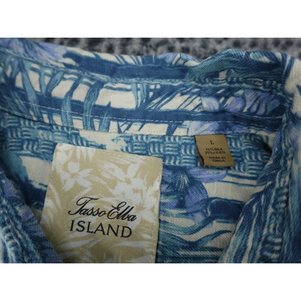 Tasso Elba Island Shirt Mens Large Blue‎ Excellent Silk Linen Tropical Floral
